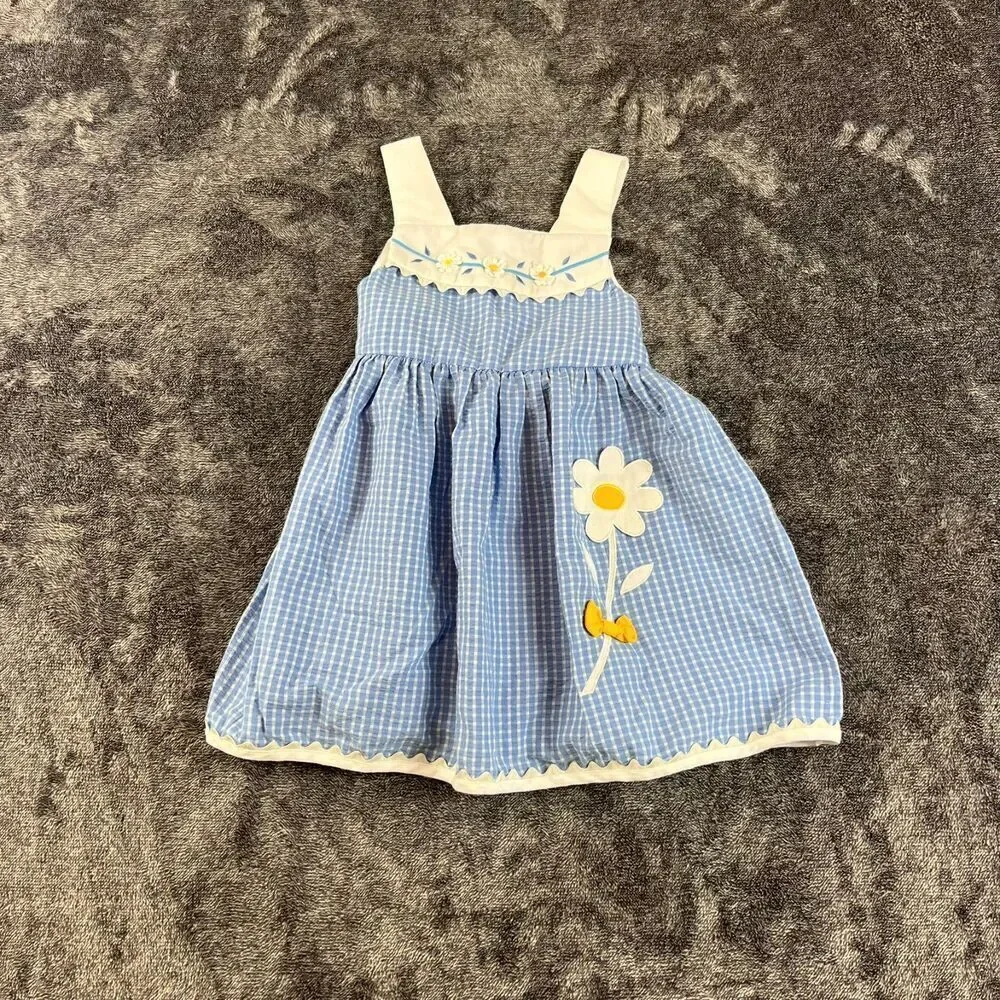 Vtg Little Bitty Gingham Blue Floral Embroidered Dress Sleeveless Girl 4 Tie